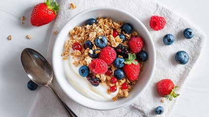 Delicious and healthy breakfast bowl with yogurt, granola, and fresh mixed berries. Nutritious food for a balanced lifestyle and wellness concept.