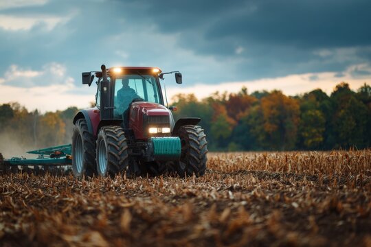 Farm vehicle works in mature crop field under partly cloudy sky during late afternoon in autumn landscape
