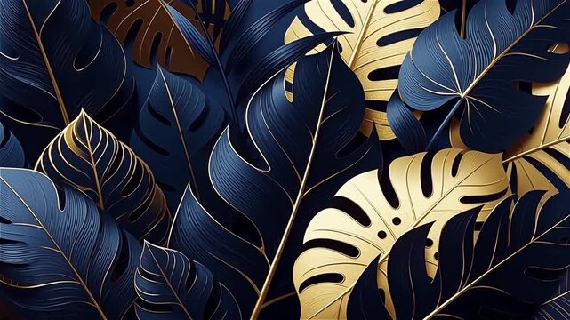 Tropical Leaves Illustration - Elegant Gold and Navy Blue Monstera Pattern on Black Background
