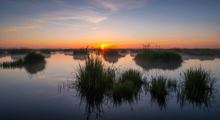 Fototapeta premium Serene landscape with whisk shaped plants in calm waters at sunrise or sunset reflected in the water's surface via RJ