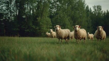 Obraz premium Sheep grazing in grassy field near forest.