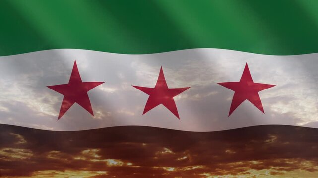 Flag of Syria waving against a vibrant sunset, creating a patriotic and inspiring atmosphere with warm tones.