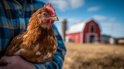 Farmer Holding a Brown Hen on a Sunny Rural Farm with Red Barn, Representing Poultry Farming, Sustainable Agriculture, Animal Care and Traditional Countryside Life