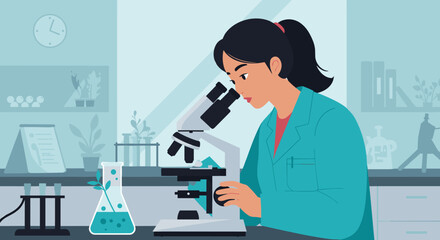 Fototapeta premium Young scientist examining sample in modern laboratory with microscope