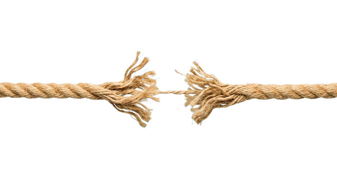 Severed rope with frayed ends about to break symbolizing crisis or failure isolated on transparent background