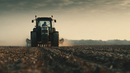 Fototapeta premium Tractor working the land in golden light