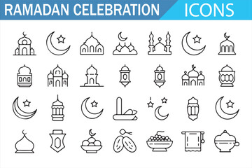 Islamic Ramadan Icons Collection Featuring Crescent Moon and Lanterns