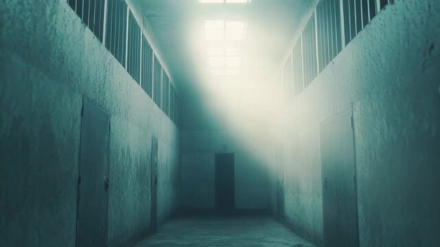 Long, empty institutional corridor featuring numerous closed doors along its walls, dimly lit by a dramatic ray of light piercing through a high window, creating a mysterious and confined atmosphere