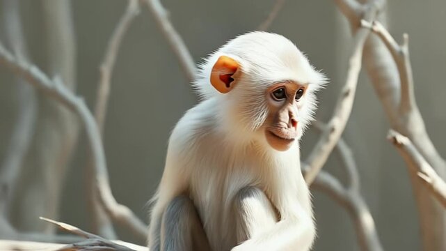 White Hanuman langur sitting on tree branch featuring 2026 color trend Cloud Dancer warm whites. Color of the Year 2026. Cloud Dancer