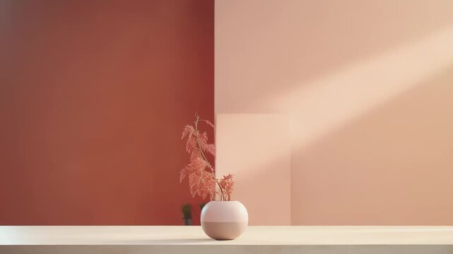 Small plant in an elegant two tone vase sitting on a wooden surface, creating a peaceful and minimalist aesthetic with warm sunlight illuminating the peach and terracotta walls