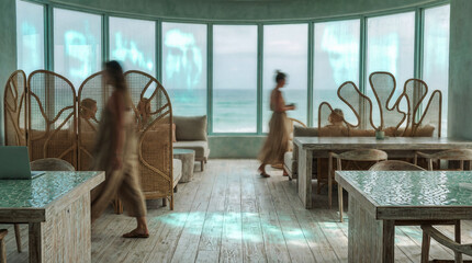 Fototapeta na wymiar Serene oceanfront lounge interior decorated with natural woven furniture and large windows overlooking the tranquil sea with people moving gracefully