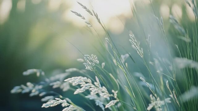 Wild grass panicles capture warm morning sunlight, creating a serene natural scene with a soft bokeh background, emphasizing new growth and environmental beauty