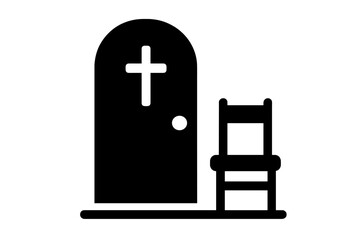 Fototapeta premium Minimalist black religious door with a cross symbol and a simple wooden chair