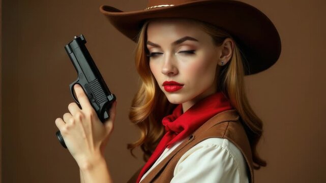 Video A woman dressed in cowboy attire holds a gun, ready for action