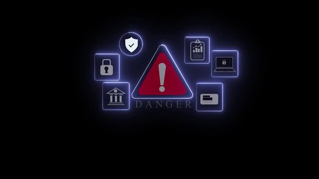 Mobile Banking Security Alert: Protect Your Finances Online! Danger, Warning, Risk, Fraud, Shield, Secure, Hack, Password, Phishing, Virus, Theft, Motion graphics of scam alert concept.