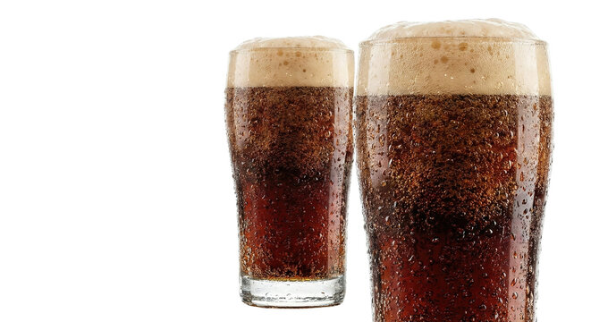 Two Glasses of Fizzy Dark Soda Drink with Frothy Head and Water Droplets isolated on transparent background