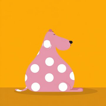 Whimsical Pink Dog with Polka Dots on Yellow Background - Cartoon Style