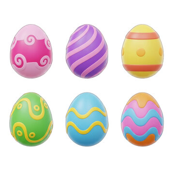 Six decorative easter eggs isolated on transparent background