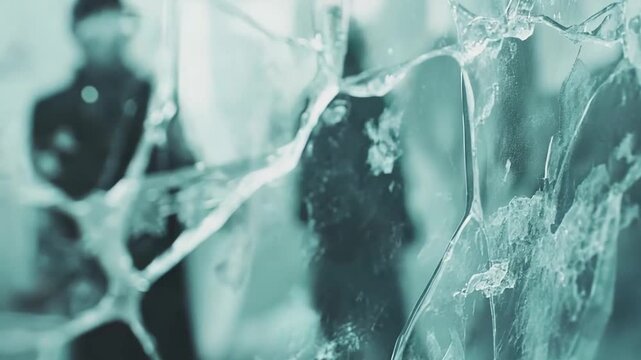 Broken ice surface displays abstract patterns and sharp fragments, creating a cool and fragile texture, reflecting light with translucent qualities and a captivating icy aesthetic