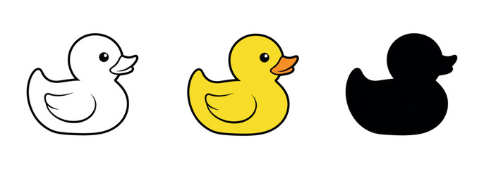 Cute rubber duck icons in outline, yellow color, and solid silhouette styles, playful flat illustration for kids and baby design.