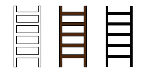Simple wooden ladder icon in outline, flat color, and silhouette versions. Industrial and household tool vector for construction and climbing. © Lili