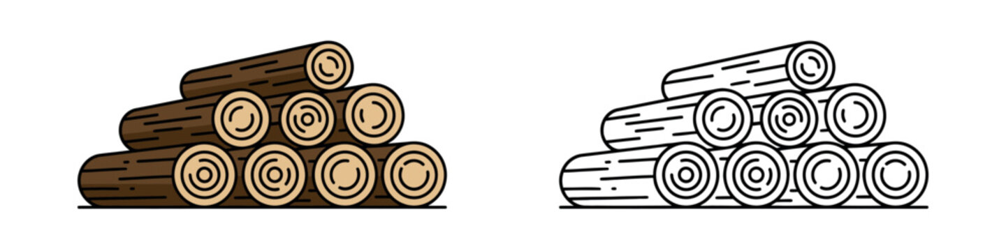 Illustration of a stacked wood log pile in flat and line art styles. Clean vector icons for timber, forestry, and heating firewood industries.