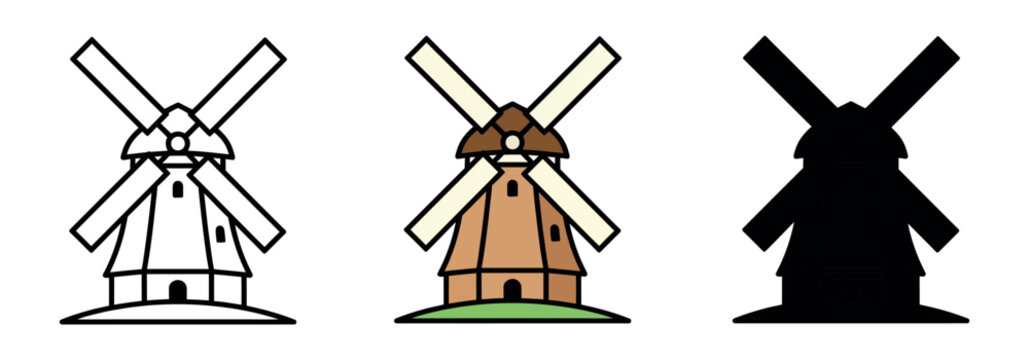 Minimalist windmill icon on a green hill in three different styles. Graphic representation of renewable energy, farming, and countryside scenery.