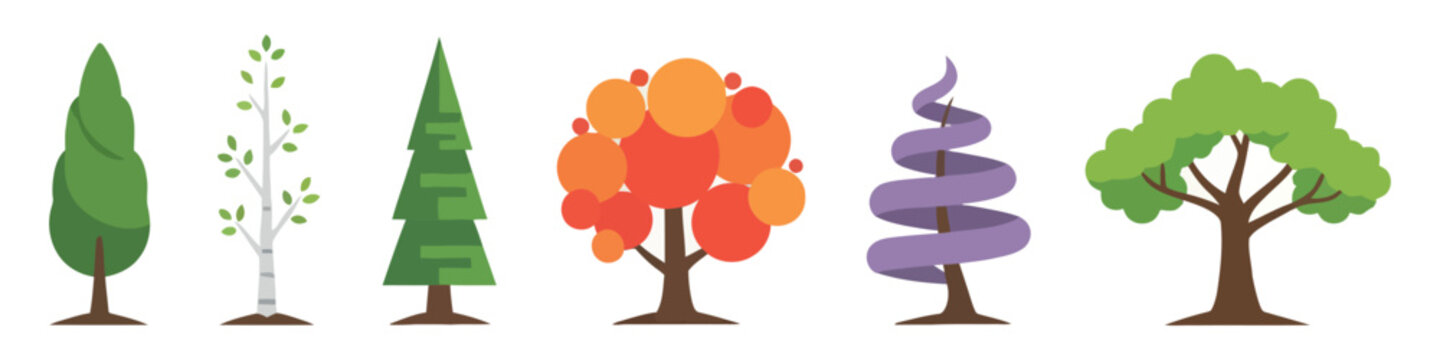 Artistic vector tree collection featuring geometric and abstract shapes. Colorful flat designs for creative infographics and landscape visualization.