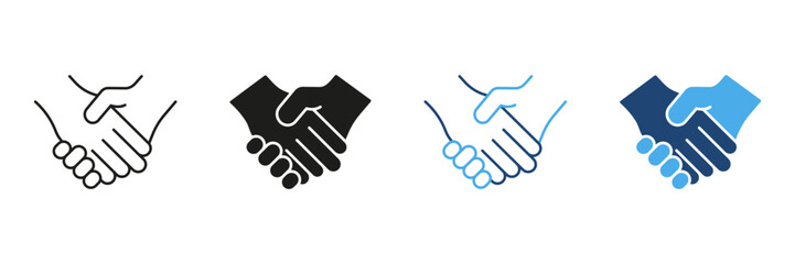 Handshake Agreement Line And Solid Icon Set. Business Partnership, Collaboration, And Deal-Making Outline And Silhouette Symbol Collection. Professional Networking. Isolated Vector Illustration