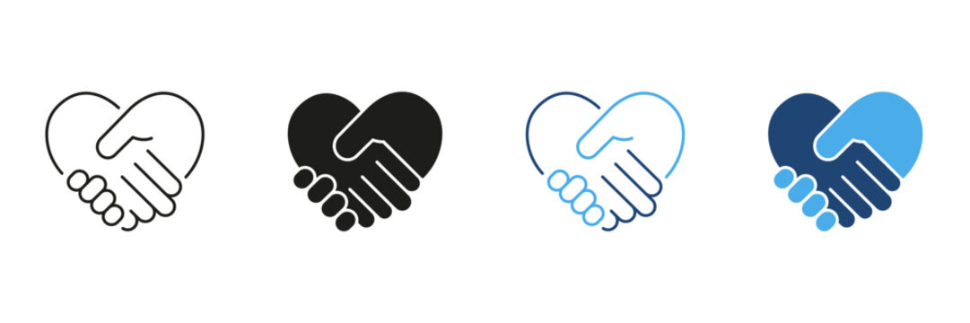 Heart Shaped Handshake Line And Solid Icon Set. Partnership, Trust and Collaboration Symbol Collection. Business Agreement And Teamwork Concept. Isolated Vector Illustration
