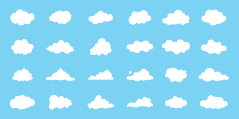 A charming collection of various white cartoon clouds floating serenely in a blue sky