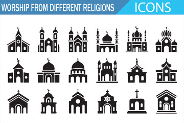 Fototapeta premium Global Religion Worship Icons in Minimal Black Solid Vector Design