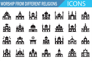 Religion Worship Icons Set Showing Church Mosque Temple Synagogue and Sacred Buildings in Black Solid Vector Style