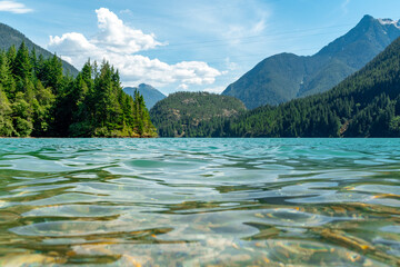 Crystal clear turquoise lake with forested mountains and blue sky in the North Cascades © Fen
