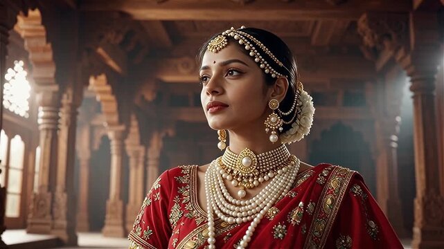Beautiful elegant Indian woman in traditional red bridal saree and heavy gold pearl jewelry posing in an ancient palace temple interior with carved pillars culture concept background vertical
