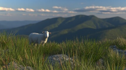 Fototapeta premium Sheep graze peacefully in grassy hills under a blue sky, moutains afar
