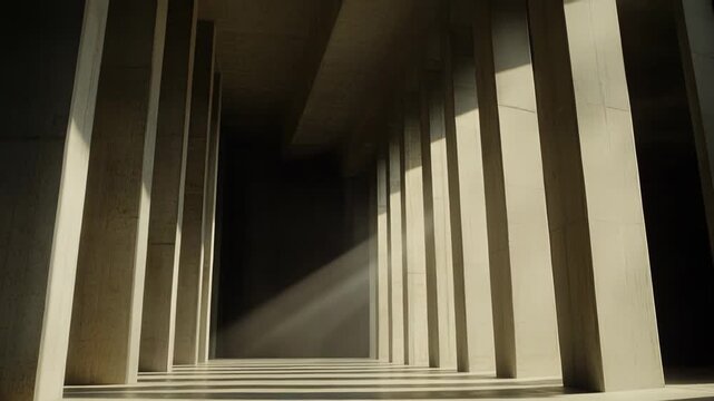 Abstract architectural space revealing parallel concrete pillars extending into darkness, with strong diagonal sunlight beams creating deep shadows on the floor and structure