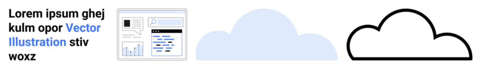 Cloud computing, technology, data analytics, software solutions, digital storage, workflow management. A graphic showing analytics, a solid cloud and an outlined cloud. Cloud computing © robu_s