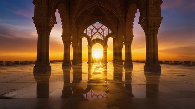 Sunrise view through an arched colonnade and stained glass on a sun-drenched deck