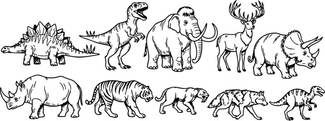 Naklejka premium Black and white line art collection of prehistoric and wild animals including mammoth, rhinoceros, deer, tiger, wolf and dinosaurs in side profile