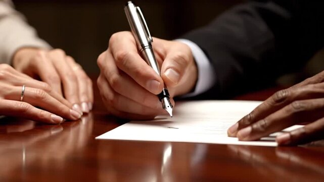 Hands signing important contract document with fountain pen on wooden table closeup