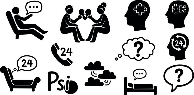 Black pictogram set showing therapy session, couple breaking heart, mental health puzzle pieces and 24 hour psychology support icons