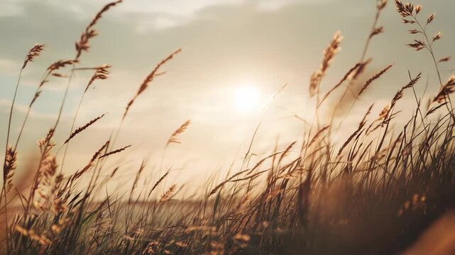 Tall dry grass swaying in golden hour sunlight, soft bokeh sky and warm sun rays creating a tranquil, pastoral backdrop full of summer serenity and gentle texture