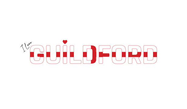 I love Guildford, Typographic design of I love Guildford on a white background, Flag typography of Guildford with heart, Vector design of Guildford City of England, I love England, Flag of England