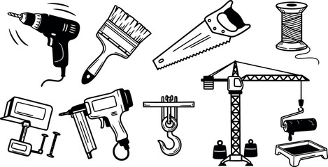 Obraz premium Black and white vector art showing electric drill, paint brush, hand saw, spool of thread, clamp, nail gun, crane hook, construction crane lifting paint roller and paint tray