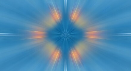 Obraz premium Symmetrical blue light burst with orange glowing rays. High speed zoom and motion blur effect. Radial light explosion emanating from the center of a blue background
