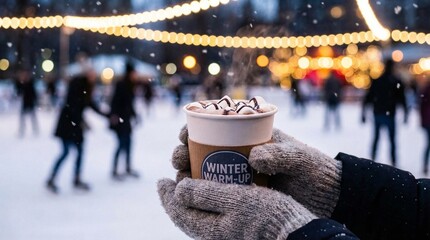Winter hot cocoa in paper cup held by gloved hands outdoors  