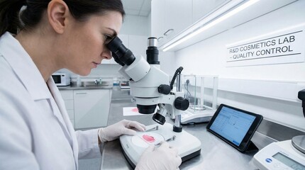 Female technician examining samples under microscope in lab setting  
