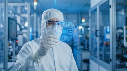 Scientist examining transparent panel in laboratory with blue lighting  