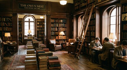 Vintage bookshop interior with wooden shelves and reading spaces  